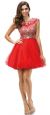 Bejeweled Mesh Bodice Cap Sleeves Short Baby Doll Dress in Red